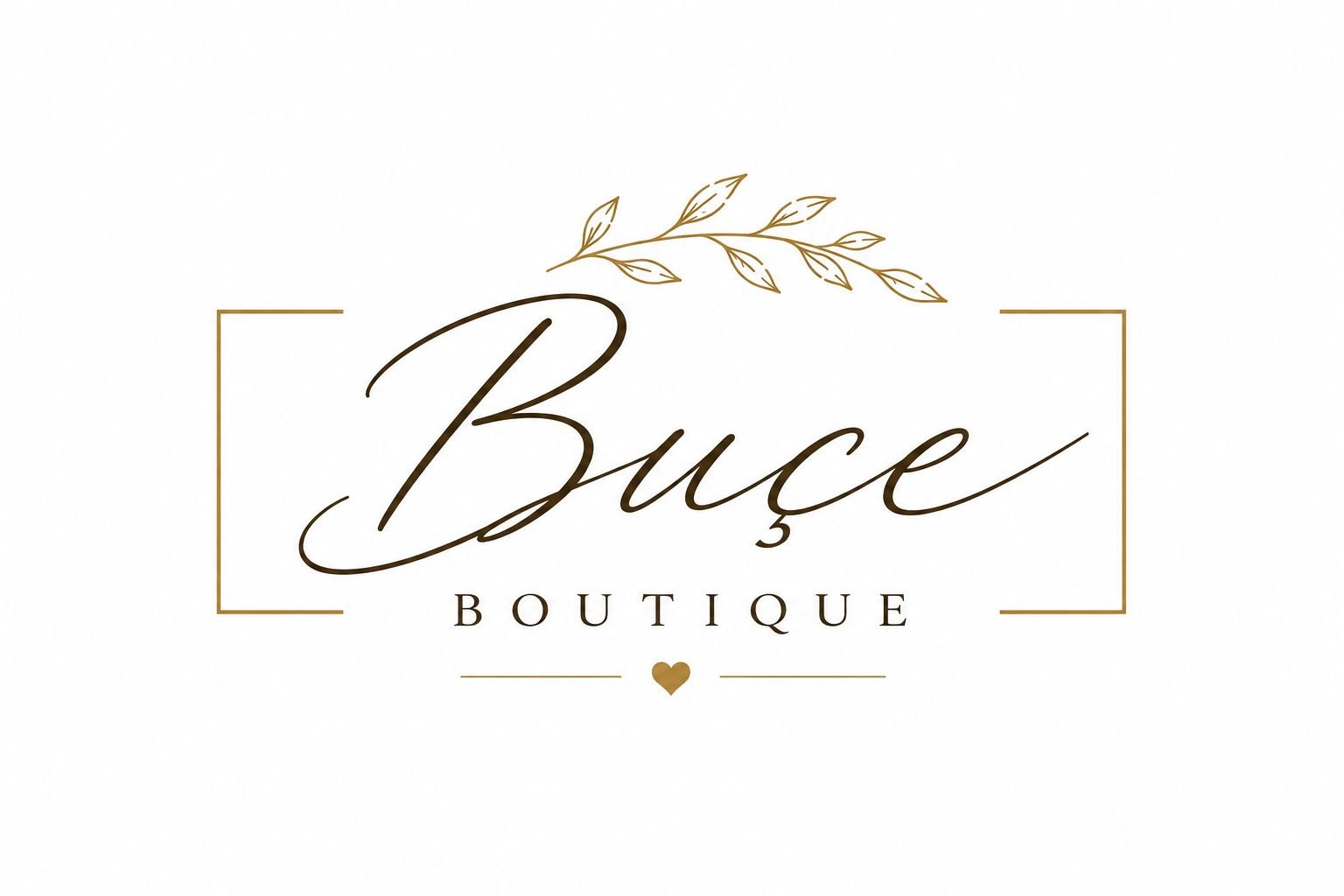 Buçe Butik logosu — krem zemin üzerinde altın yaprak ve kalp motifli el yazısı marka